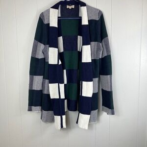 Modcloth Simply Snuggly Navy,‎ Green, White Open Cardigan Women's Size L
